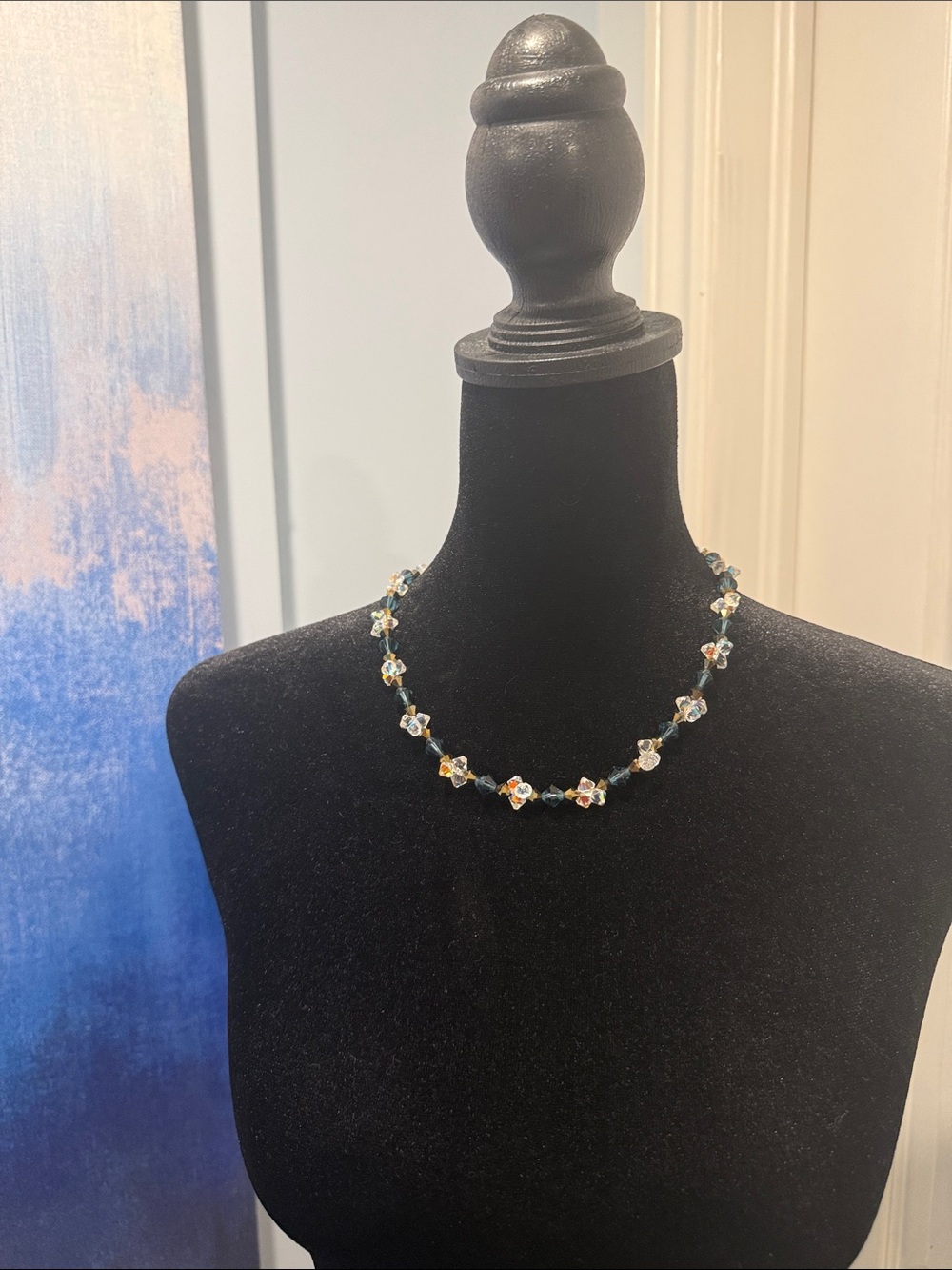 Crystal Floral Beaded Necklace - Blue & Gold Accents